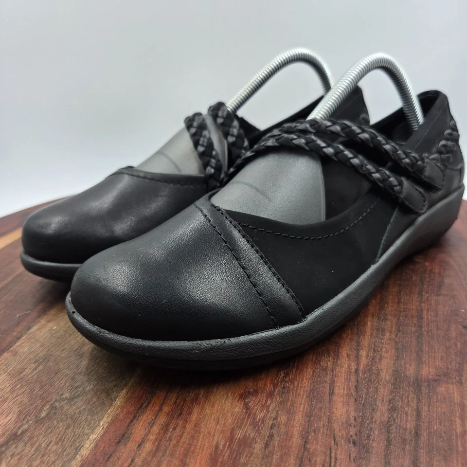 Mocasín Mary Jane trenzado cómodo cuero negro 40/9 Aetrex Annie para mujer Foto 4 de 4