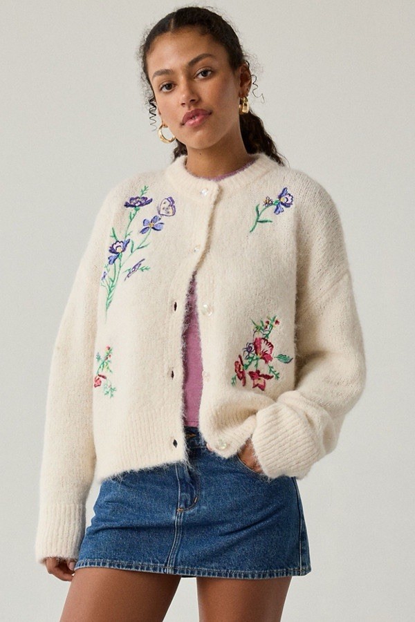 BDG Urban Outfitters Becca Embroidered Brushed Knit Oversized Cardigan
