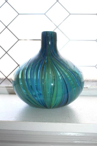 Mid Century Murano Art Glass Bulbous Bottle Vase w/ Blue and Green Stripe Swirl