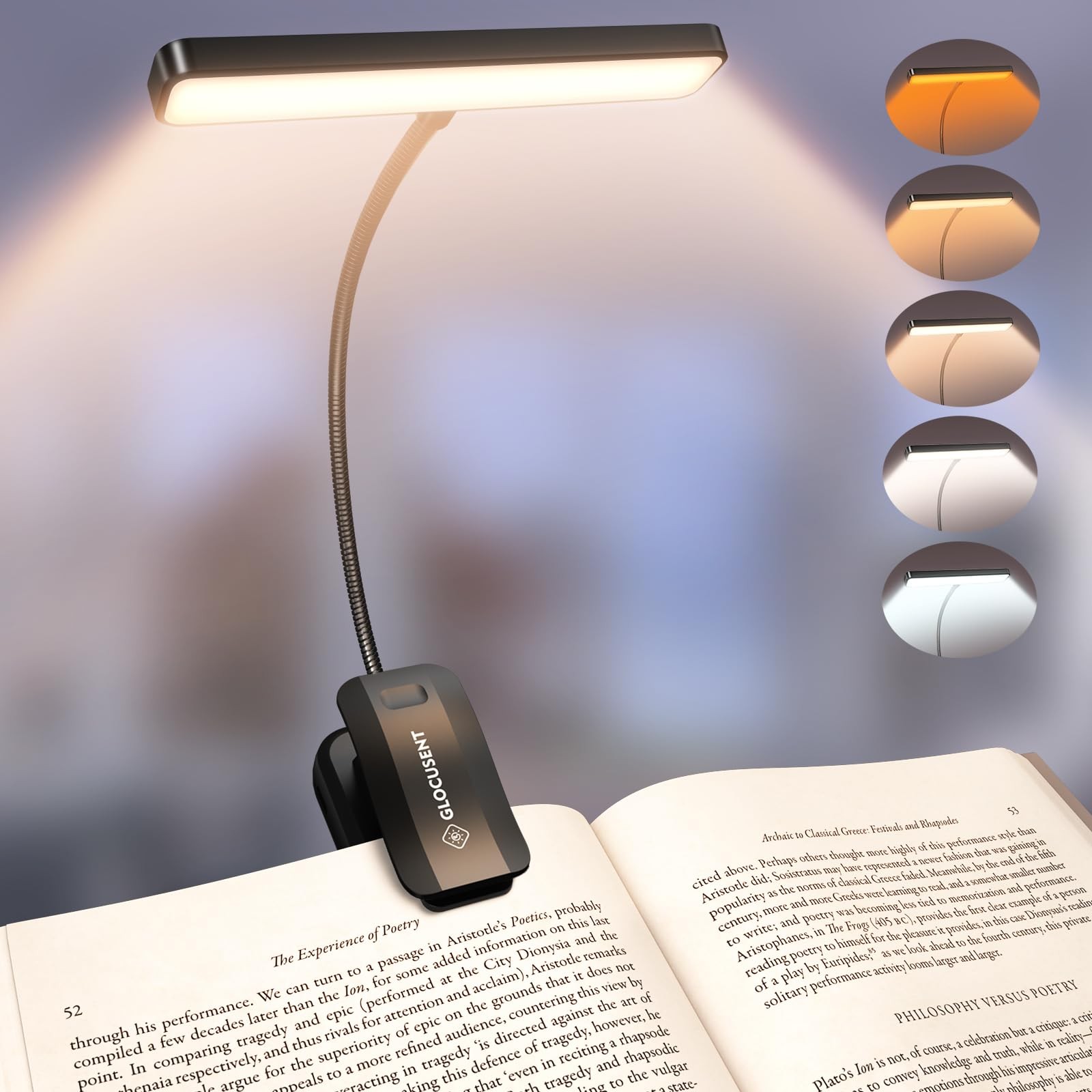 Glocusent 26 LED Reading Light, Book Light with 5 Colours & 5 Compact, Black