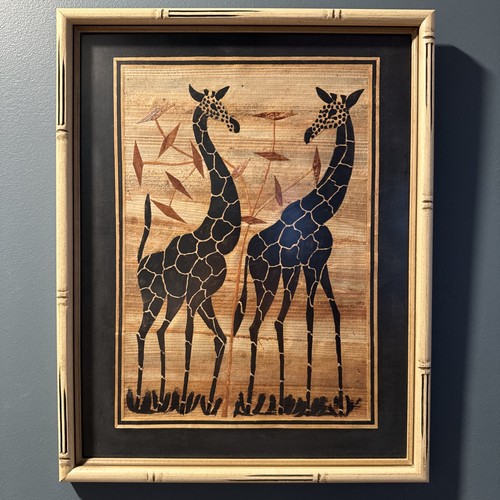 Vintage Dry Banana Leaf African Giraffe Art FRAMED Africa Jungle Mixed Media