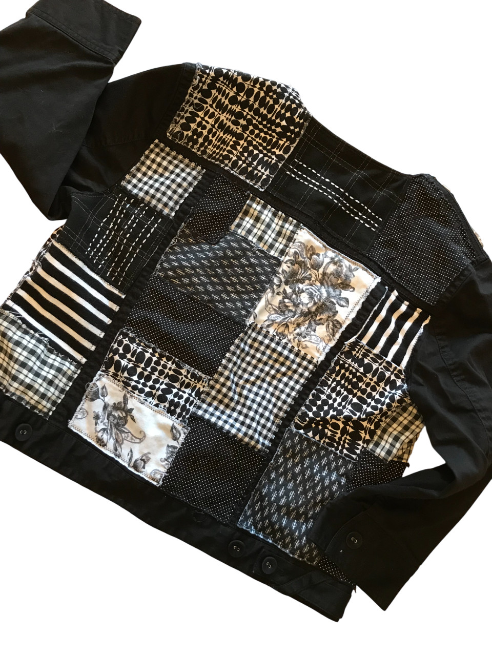 Boho Patchwork Jacket: Upcycled Sashiko Black Whi… - image 11