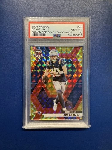 2025 Mosaic Drake Maye Fusion Red & Yellow Choice PSA 10! Patriots