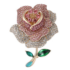 Luxury Pink Crystal Rose Brooch   Gold Tone Rhinestone Flower Pin Jewelry Gift