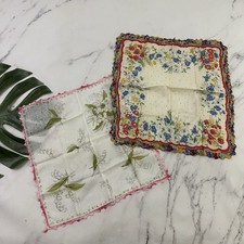 Vintage 50s Crochet Trim Handkerchief Set of 2 White Pink Floral Small Light