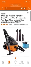 4 Gal. 5.0 Peak HP Portable Shop Vacuum WD4070 Wet Dry Vac with Fine Dust Filter