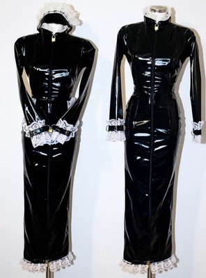 Misfitz schwarz PVC & Spitze Vorhängeschloss abschließbar Sissy Maids Hobble Kleid.  GR 20. CD