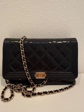 Chanel Le Boy Black Pearlescent Quilted Leather w Gold WOC Wallet on Chain Bag