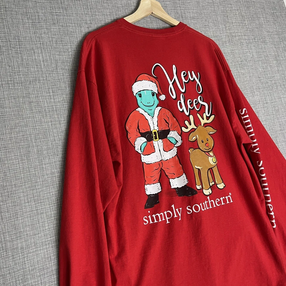 Camisa de Navidad Simply Southern para mujer extra grande roja manga larga Hey Deer Foto 3 de 4
