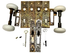 2 VINTAGE ANTIQUE RUSSEL & ERWIN MORTISE LOCK SETS,RARE PAT. 1889,KNOBS & PLATES