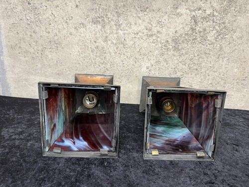 Antique Slag Glass Light Fixtures Copper Arts & Crafts Era -Pair- - Picture 6 of 10