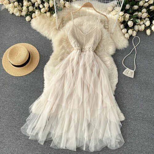 Irregular Net Gauze Fluffy Dress for Womens High Waist Temperament Summer V-neck - Picture 16 of 16