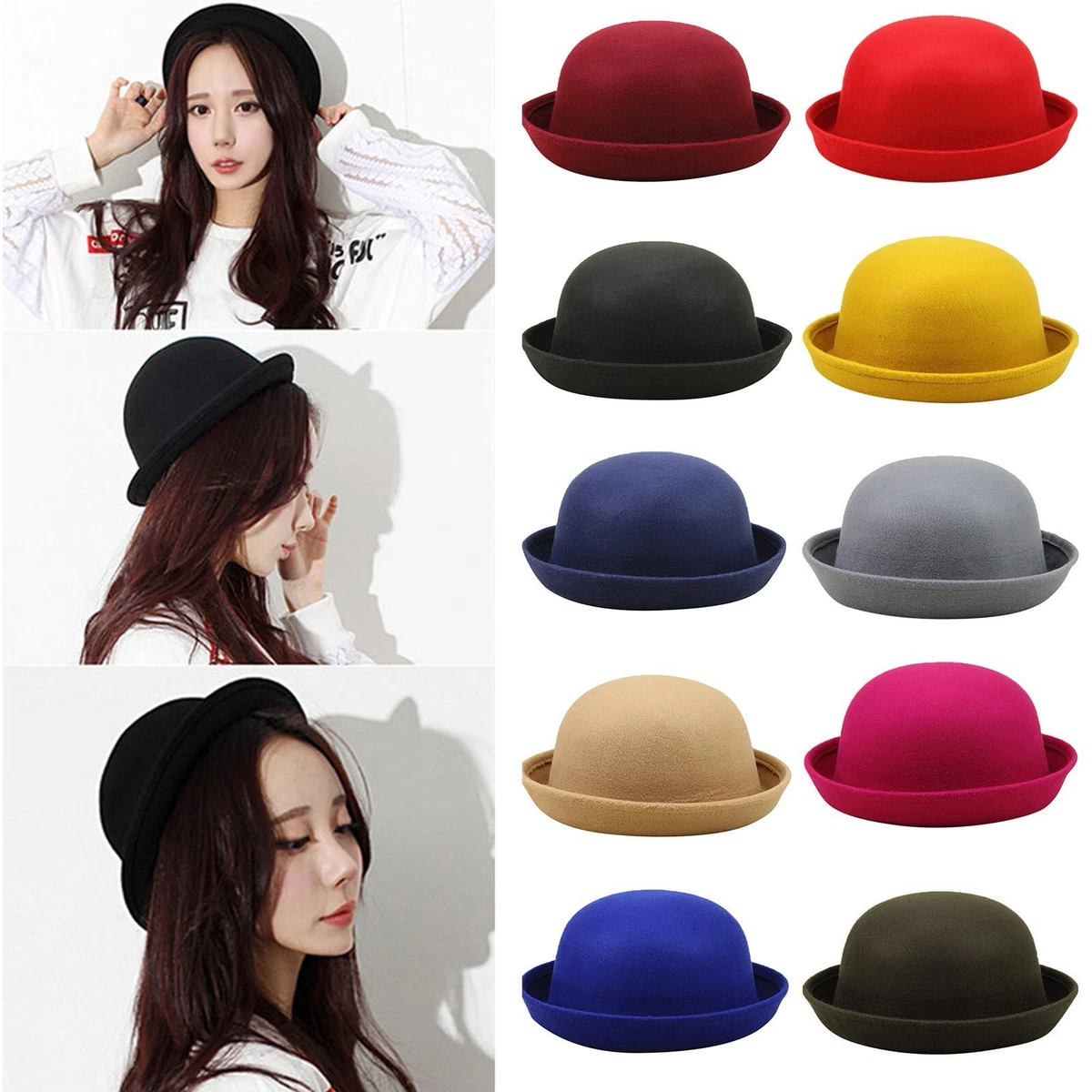 Elegant Adults Mens Womens Hat Solid Color Classic Wool Round Bowler Hats  Cap