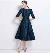 Women's Fashion Jacquard Round Neck Short Sleeve Flared Evening Party Dress 9550