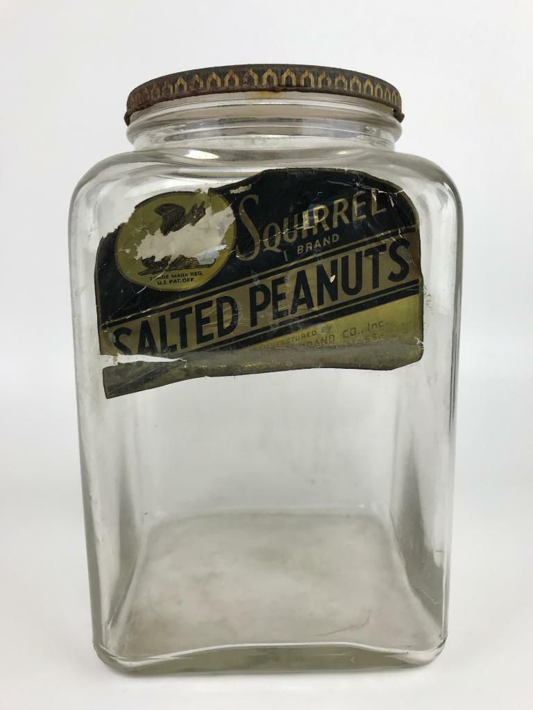 Antique SQUIRREL BRAND Peanuts Glass Store Display Jar Metal Lid