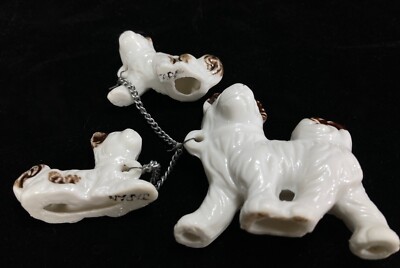 VTG Mini Dog w/ 2 Chained Puppies Japan Brown & White Dog