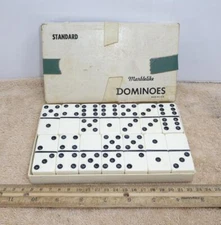 Vintage PUREMCO No. 616 Marblelike Standard White Dominos w/ Box Game Pieces !