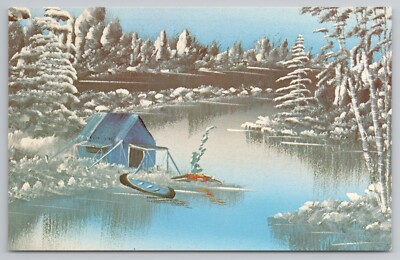 Roughing It Out - Tent in Winter with Canoe on Waters Edge c1960s Postcard