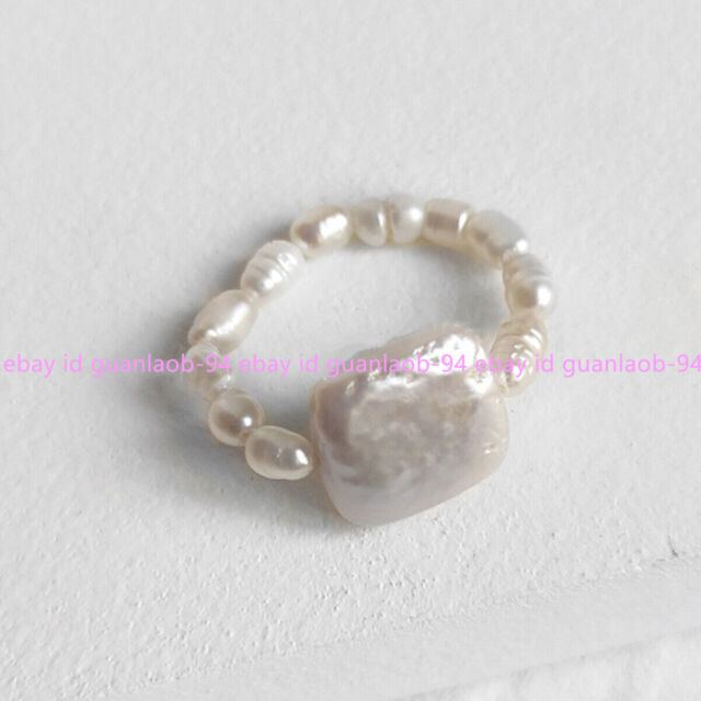 Natural White Freshwater Baroque Square Pearl Circle Adjustable Stretch Rings SV11500