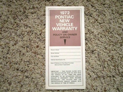 1972 Pontiac Trans Am Factory GM Original Owner Protection Plan