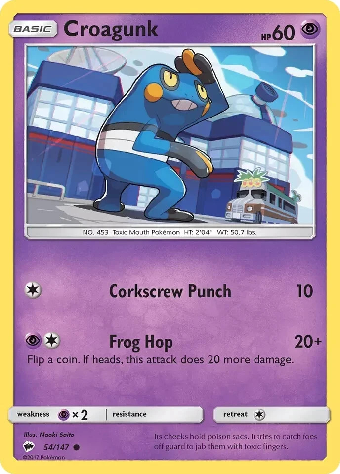 Pokemon CROAGUNK Sun & Moon Burning Shadows 54/147 NM/Mint PACK FRESH