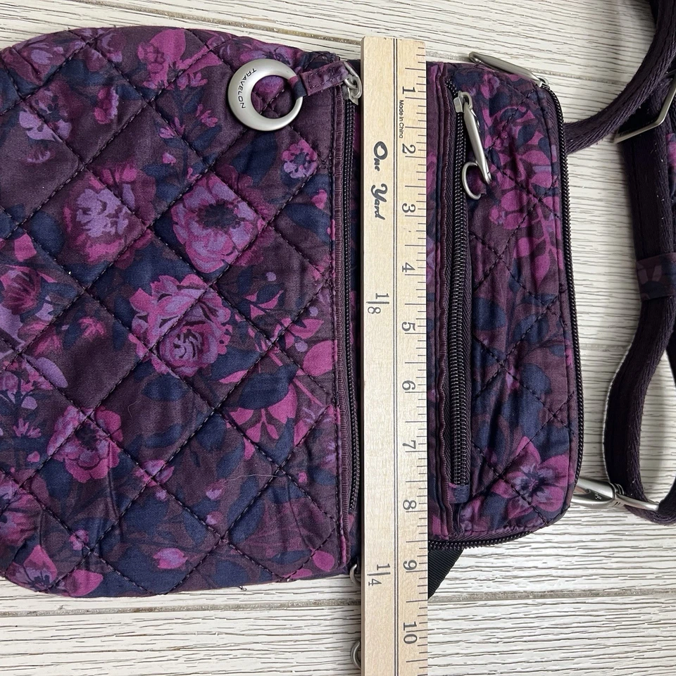 Travelon 斜挎包钱包黑色棕色 W 紫色 Lavendar 花卉设计绗缝 — 第 4/4 张图片