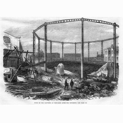 LONDON Ruinen des Gaswerks an den neun Ulmen nach der Explosion - antiker Druck 1865