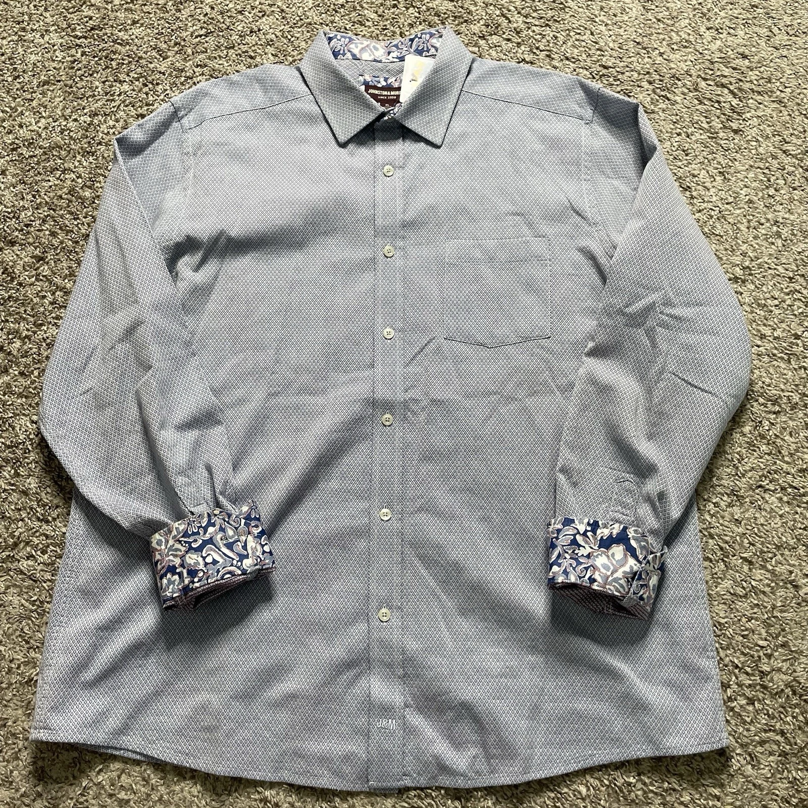 Johnston Murphy Dress Shirt Mens XL Blue Floral Cuffs Button Down 100% Cotton