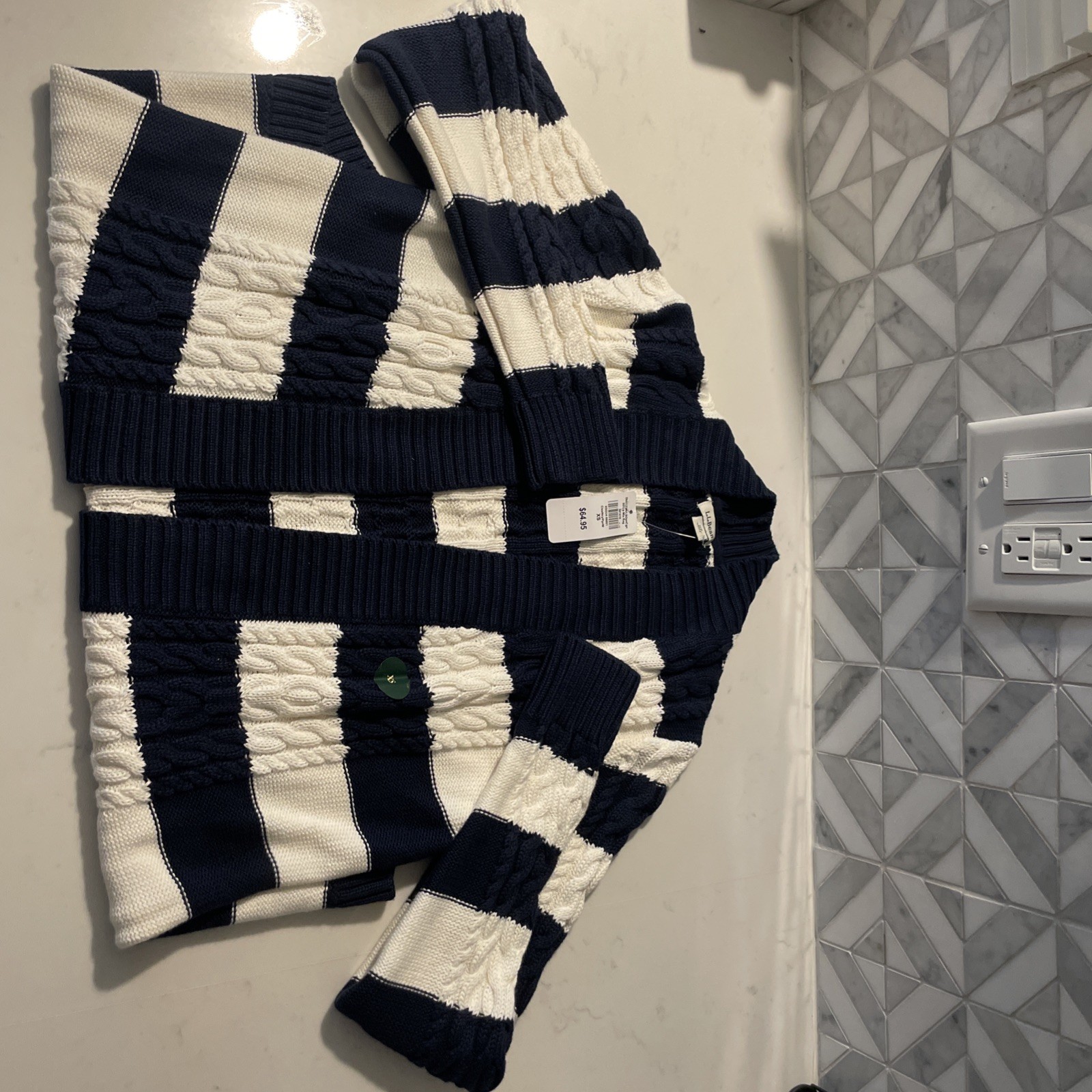 LL Bean White Navy Striped Open Cardigan Double Cable Knit Sweater Size XS 2000s