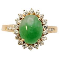Oval Cabochon Jade and Diamond Halo Cocktail Ring in 14 Karat Yellow Gold