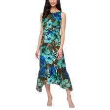 SLNY Tropical Floral Sleeveless Ruffle Hem Midi Dress Green & Blue Size 10