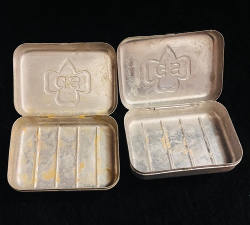 Vintage Girl Scouts camping Aluminum Soap Dish Bathroom gear lot 2 case trefoil - Picture 2 of 3