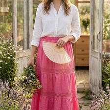 Vintage Pink Tiered Midi Skirt - Boho Cottagecore - Grandmacore coastal vibes S