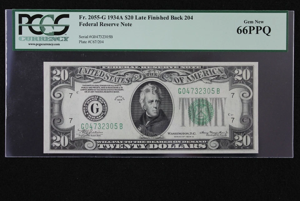 LATE FINISH BACK PLATE 204 $20 1934A PCGS 66 PPQ FRN G04732305B series A Chicago - Image 2 of 4