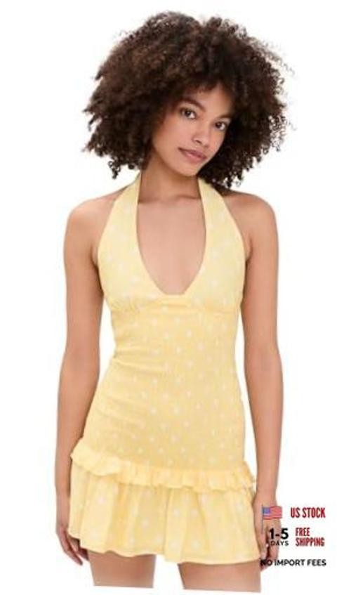 Seven Wonders Women's Fleur Shirred Halter Mini Dress Small Lemon White Polka