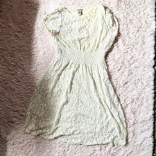Cream Lace Overlay Twee Coquette Feminine Fairy Core Prairie Smocked Waist Dress