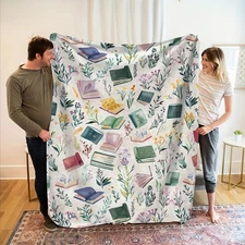 Book & Floral Watercolor Throw Blanket - Soft Plush Flannel All