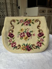 Vtg 1950s Floral Embroidered Needlepoint Purse Handbag Tapestry  Change Purse