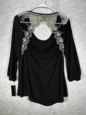 NWT Signature Studio Womens Black Sheer Shell Gold Lace Open Back Size Medium