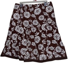 Boden Brown White Floral A-Line Skirt Sz 10R UK 14R Cotton Lined Retro Mod Print