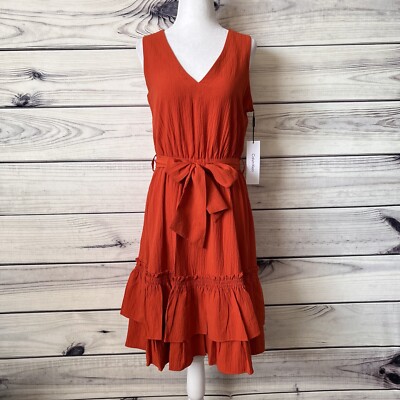 Calvin Klein Rust Orange-Red V Neck Sleeveless Ruffle Flare Dress | eBay