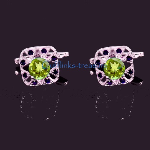 Natural Peridot & Sapphire Gemstones 925 Sterling Silver Cufflinks For Men's #9 - Picture 2 of 5