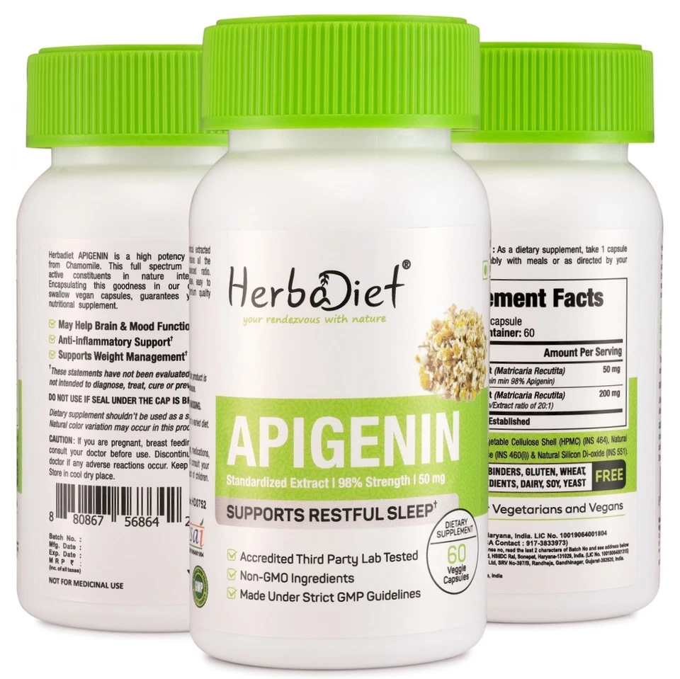 APIGENINA 98% Cápsulas Extracto de Manzanilla 100:1 Matricaria Recutita Sueño Reposo Foto 4 de 4