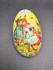Yellow HEIDEL CONFISERIE TIN LITHO EASTEG EGG BOX GERMAN RABBITS CHICK EMPTY