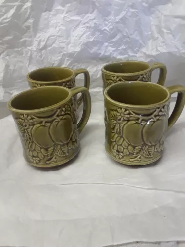4 Vintage Retro INARCO Olive Green Ceramic 3D Fruit Coffee Cups Mugs HARVEST 