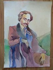 RARE Vintage Socialist realism Impressionism man art watercolor