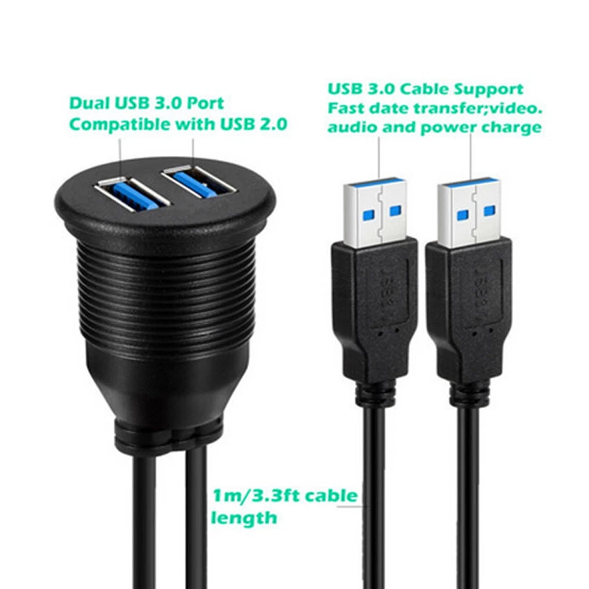 Dual USB 3.0 Male to USB Female Car Dash Panel Flush Mount Cable 0.5m 1m 2m - Image 2 of 4