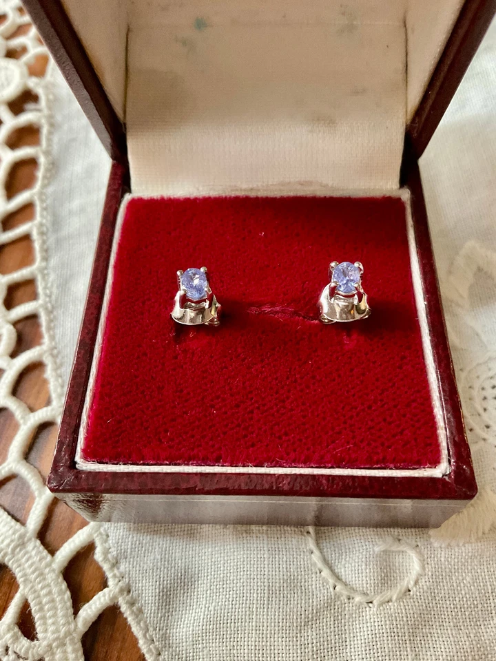 ANCIENNES BOUCLES D'OREILLES OR BLANC ARGENT MASSIF -TANZANITES VÉRITABLES - Photo 4/4