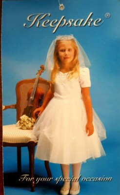 Girls White Satin Easter Wedding First Communion Tea Length Dress *KEEPSAKE* NWT