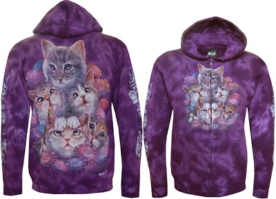 Tie Dye Hoodie Reißverschluss Kätzchen und Blumen verspielte Baby Katzen leuchten im Dunkeln von Wild